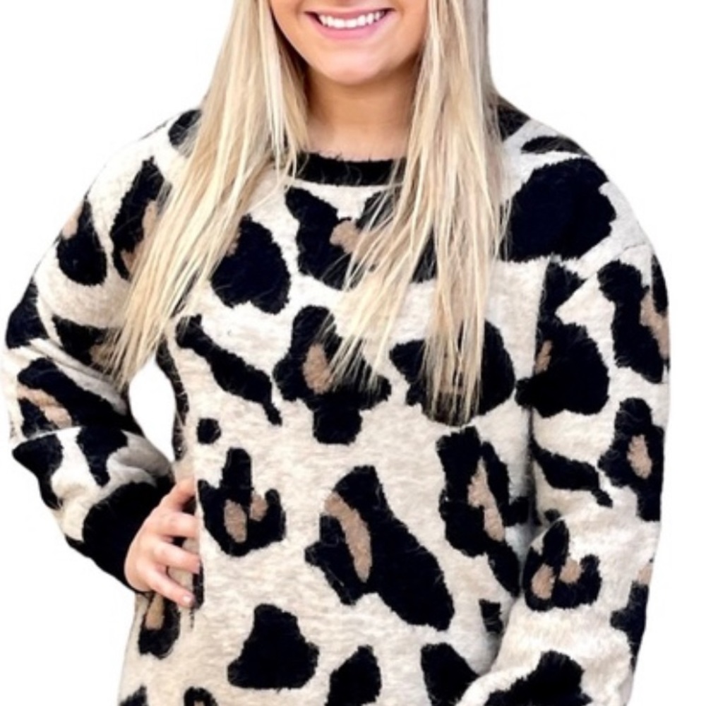 Entro Leopard Print Textured Boxy Crewneck Sweater Size Small